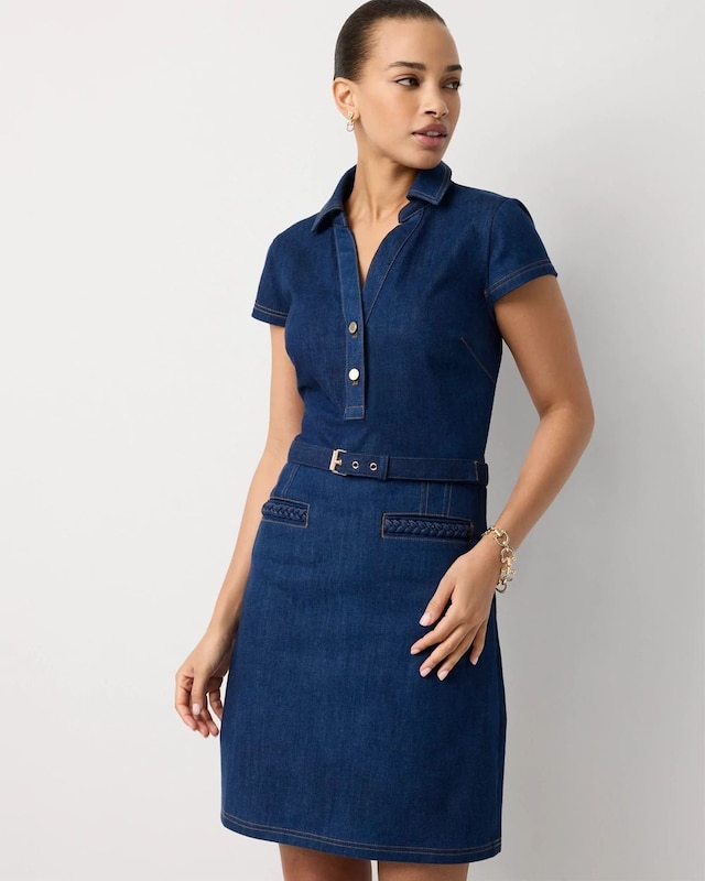 Braided Trim Belted Denim Dress