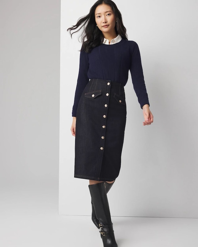 Petite Button Front Denim Midi Skirt