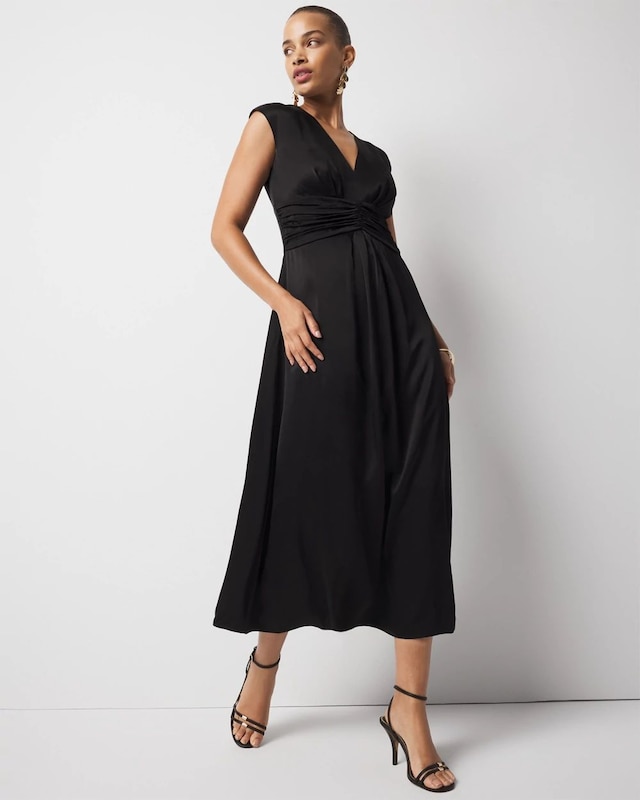 Petite Cap-Sleeve Satin Midi Dress
