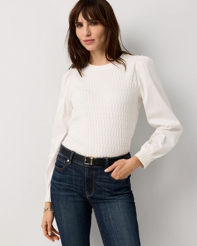 Petite Knit + Poplin Long Sleeve Pullover