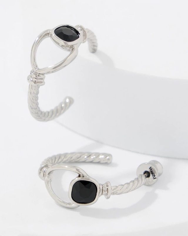 Navy Blue Glass Stone Hoop Earrings
