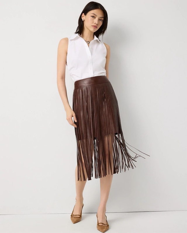 Petite Fringe Faux Leather Skirt