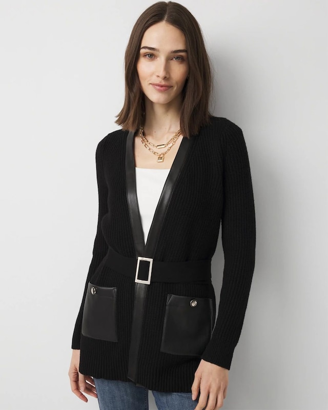Petite Faux Leather Trim Cardigan