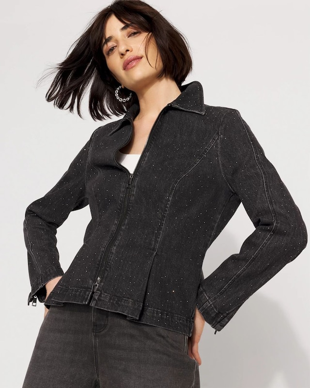 Petite Rhinestone Peplum Denim Jacket