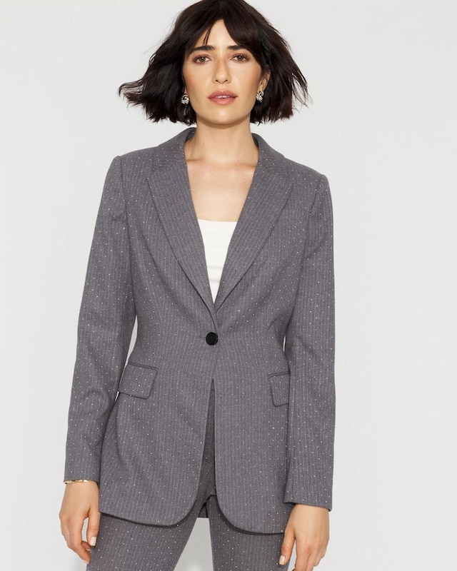 Petite Embellished Pinstripe Relaxed One-Button Blazer