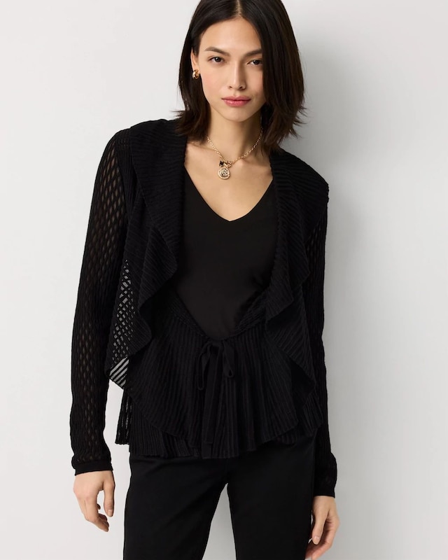 Long Sleeve Pointelle Peplum Sweater Cardigan