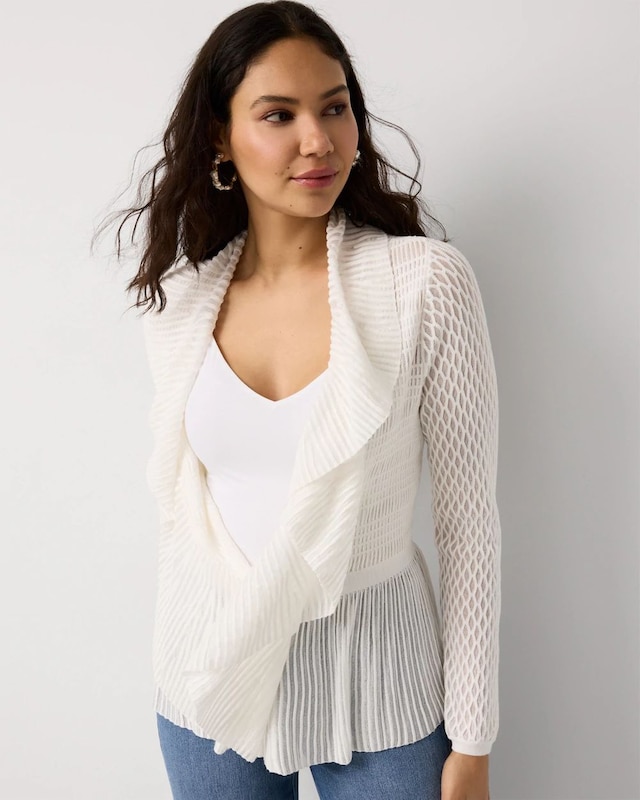 Long Sleeve Pointelle Peplum Sweater Cardigan