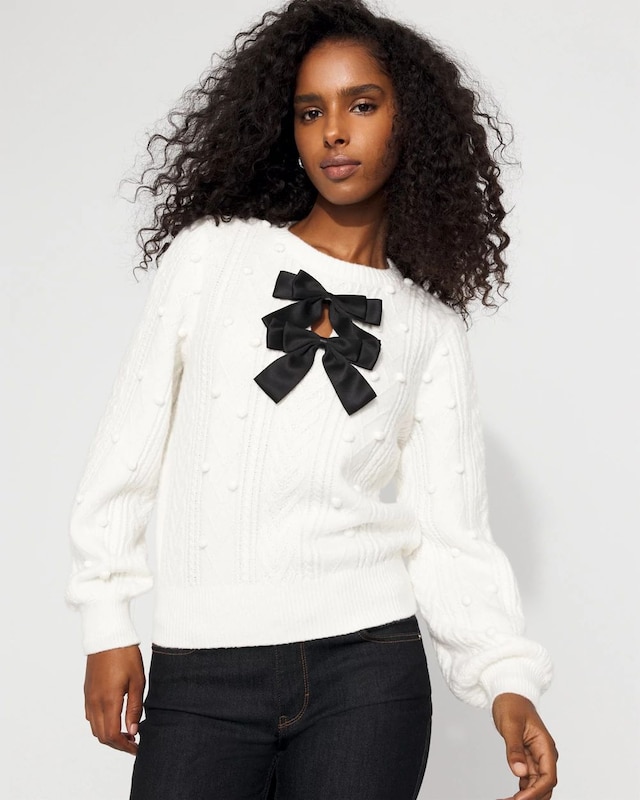 Petite Satin Bow Cable Knit Sweater