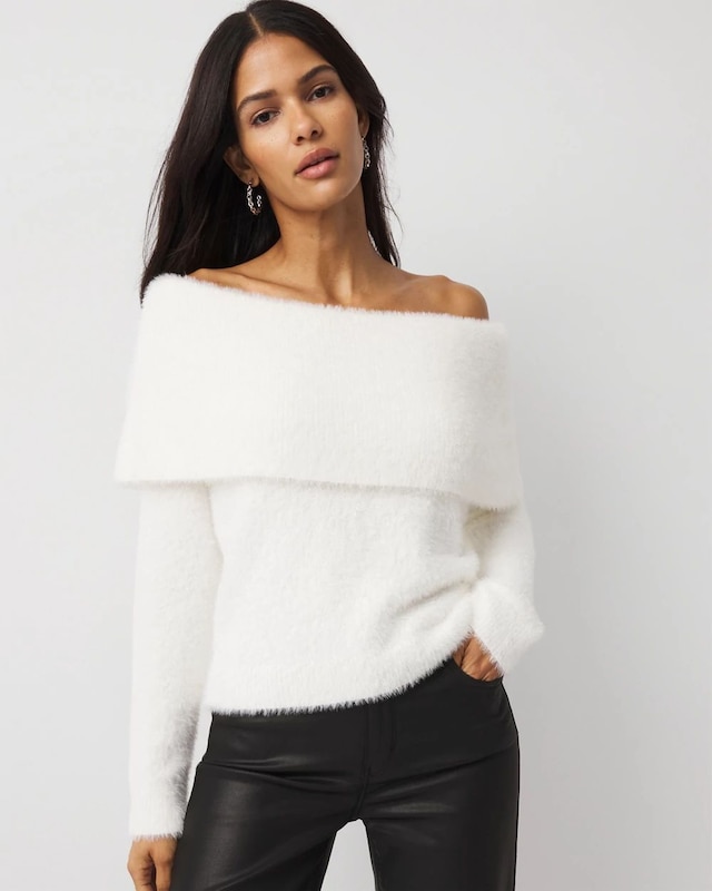 Petite Off-The-Shoulder Brushed Pullover Sweater