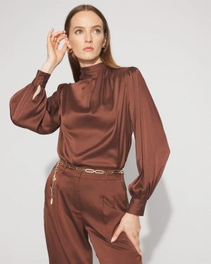 Mock Neck Satin Jacquard Blouse