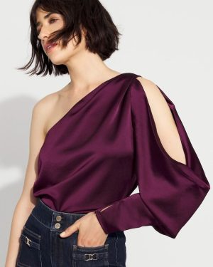 Petite One-Shoulder Satin Blouse