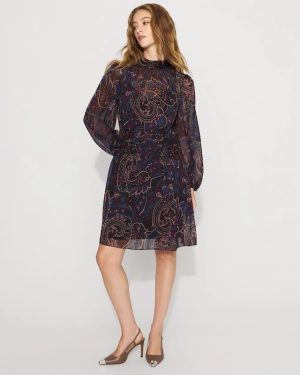 Petite Paisley Mockneck Chiffon Dress