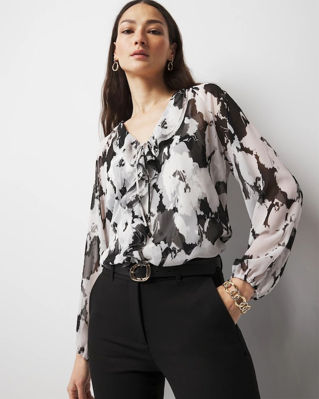Petite Printed Ruffle Front Blouse
