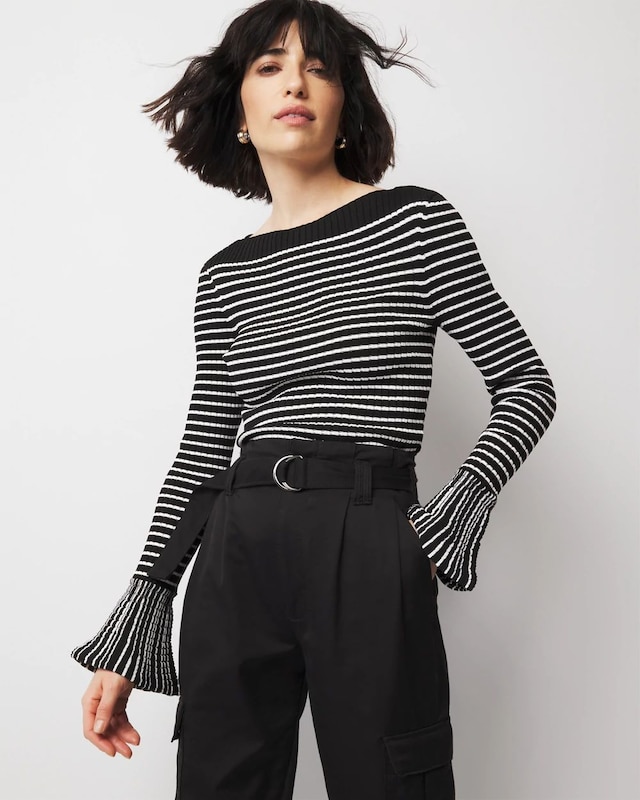 Petite Striped Flared Cuff Sweater