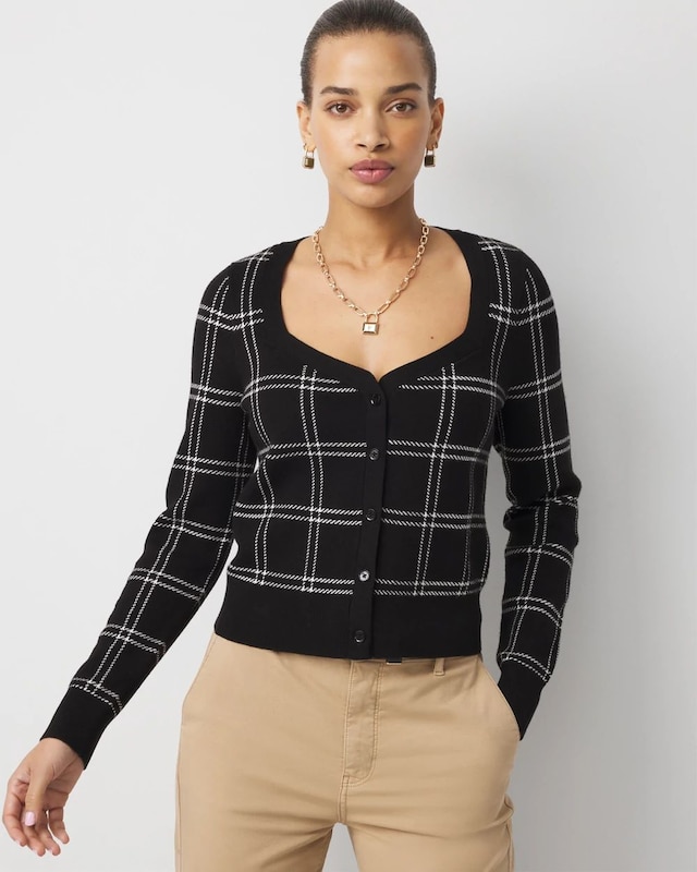 Petite Sweetheart Neck Plaid Cardigan