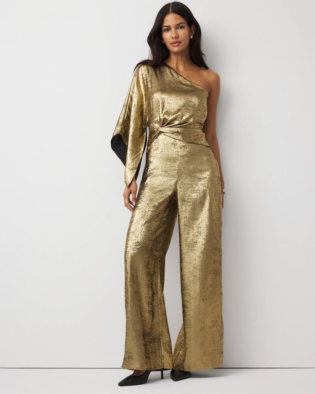 Petite One-Shoulder Metallic Chiffon Jumpsuit