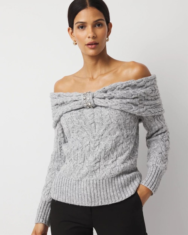 Petite Off-The-Shoulder Rhinestone Cable Knit Sweater