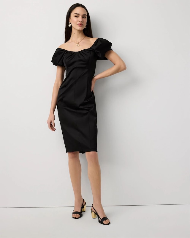 Petite Off-The-Shoulder Satin Midi Dress