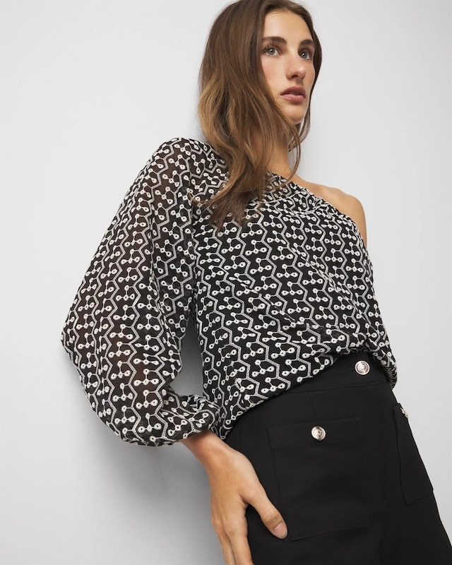 Petite One-Shoulder Embroidered Blouse