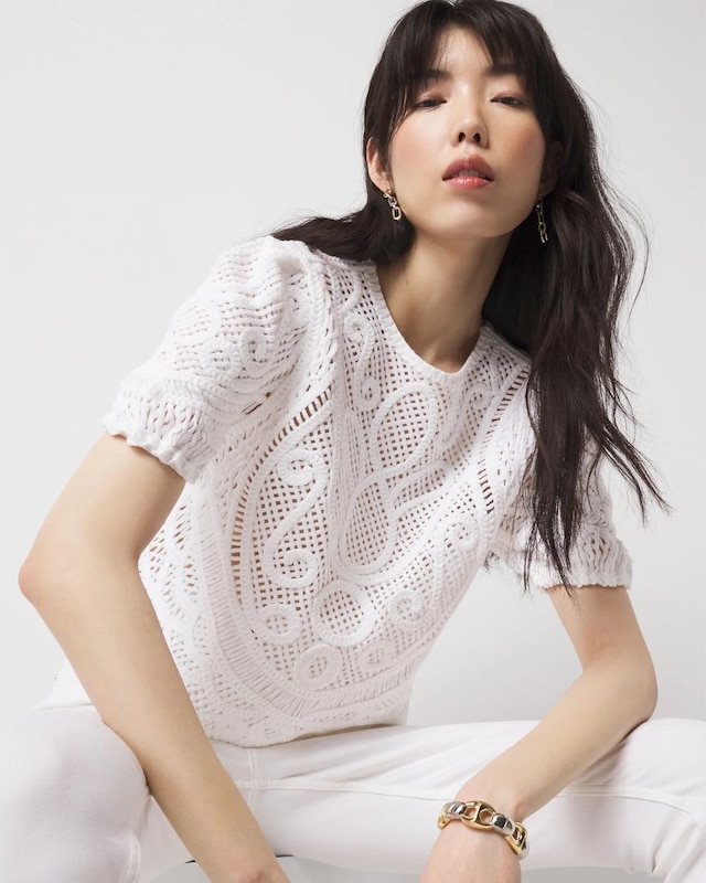 Petite Puff Sleeve Crochet Sweater