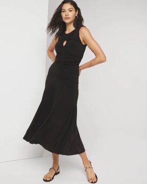 Petite Sleeveless Matte Jersey Ruched Keyhole Maxi Dress