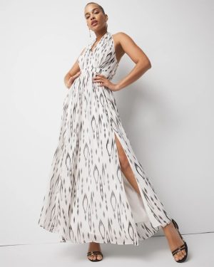 Petite Ikat Print + Lurex Maxi Halter Dress