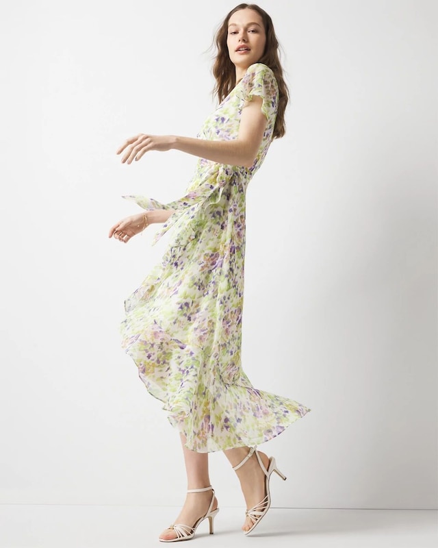 Petite Short Sleeve Flutter Wrap Midi Dress