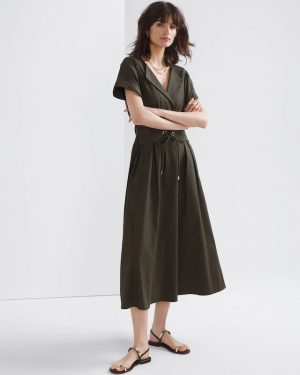 Petite Short Sleeve Collar Poplin Midi Dress