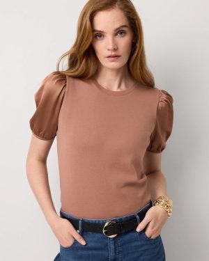 Petite Satin Puff Sleeve Knit Tee