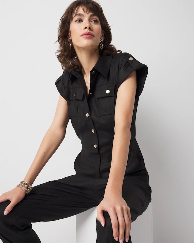 Petite Linen-Blend Short-Sleeve Utility Jumpsuit