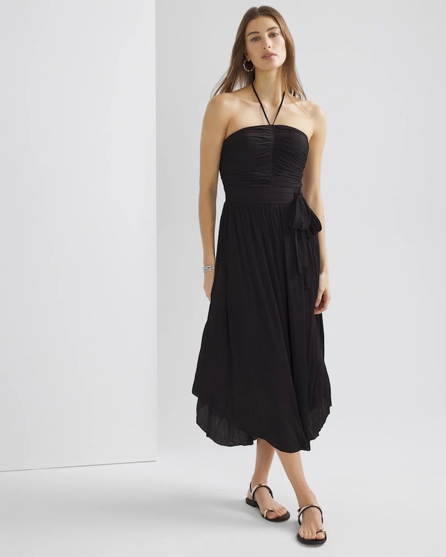 Petite Strapless Pleated Tie-Waist Dress